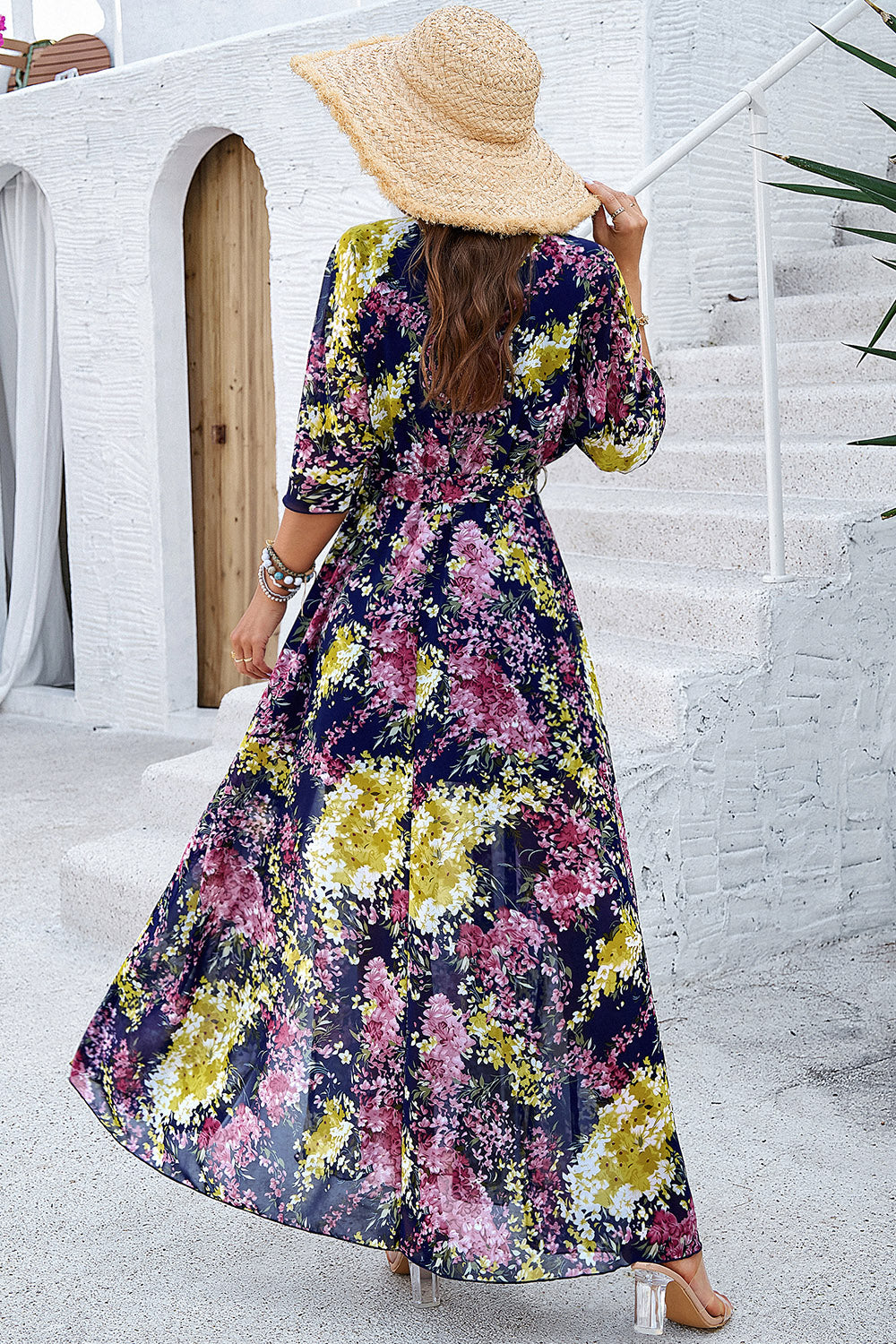 Printed Tied Half Sleeve Slit Maxi Dress