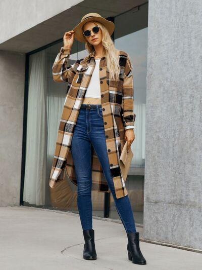 Plaid Pocketed Button Up Trench Coat - Coat