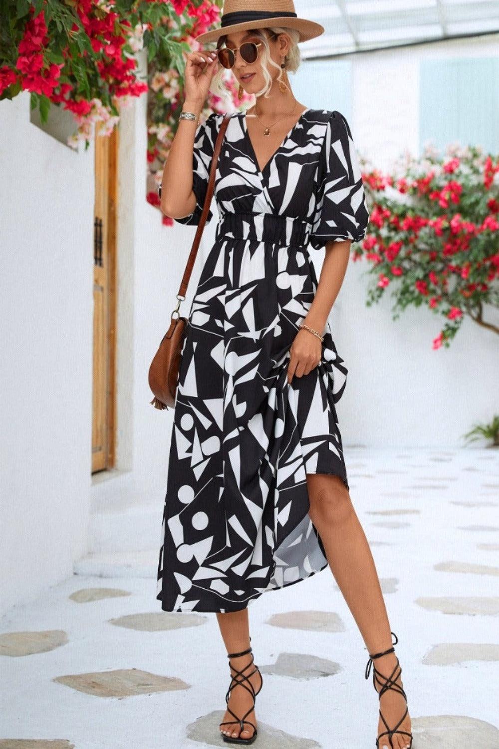 Printed Surplice V-Neck Balloon Sleeve Midi Dress - Dresses