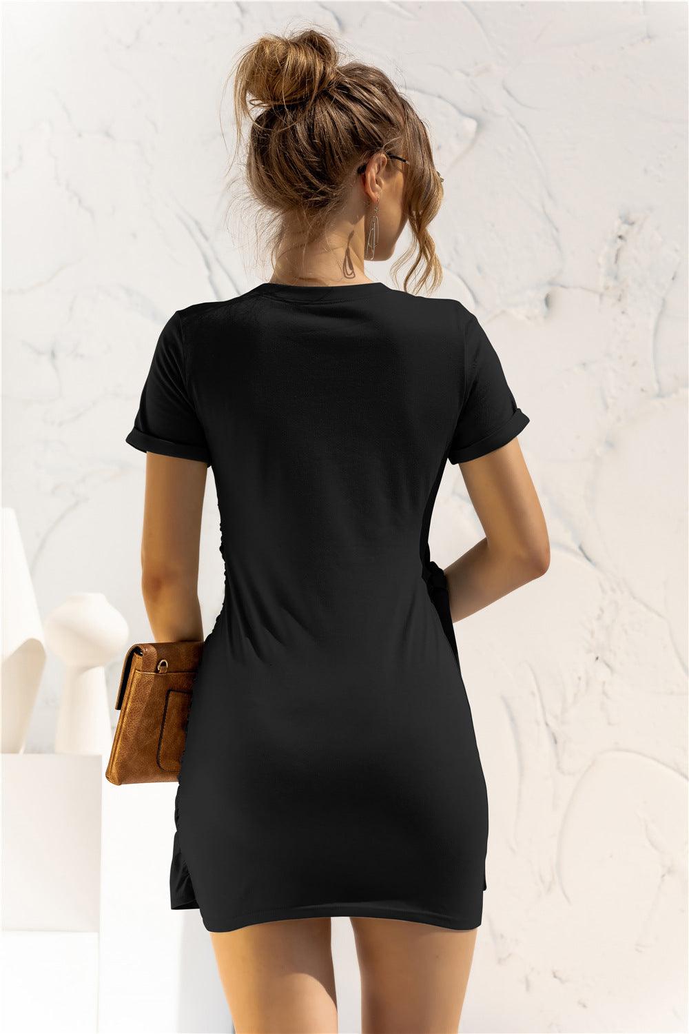 Round Neck Side Tie Waist Bodycon Mini Dress - Dresses