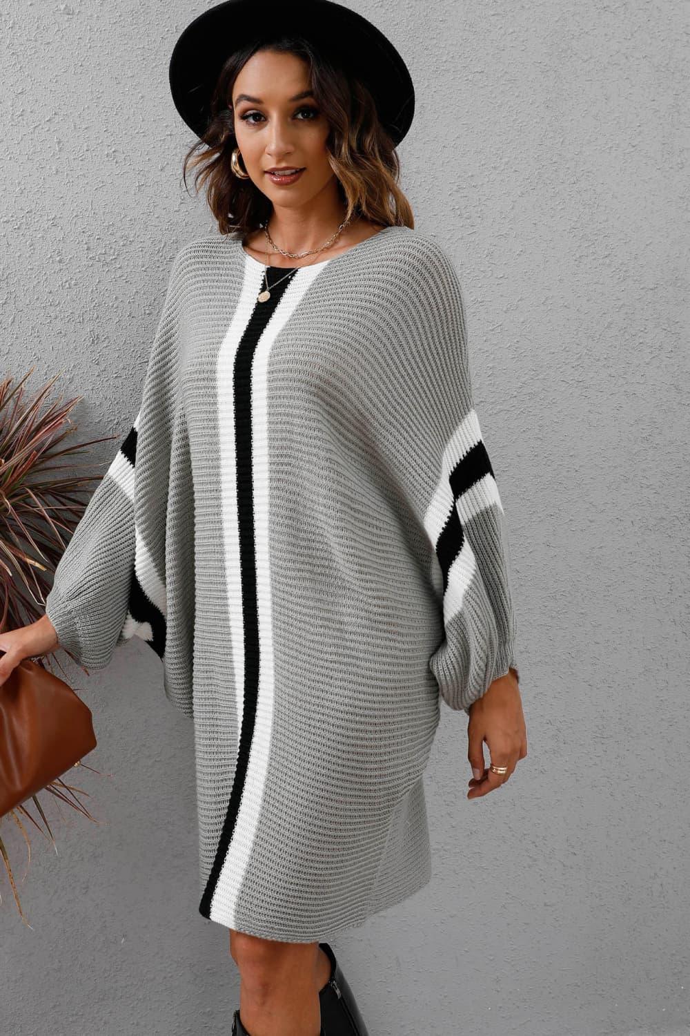 Ribbed Round Neck Long Sleeve Sweater Dress - Dresses