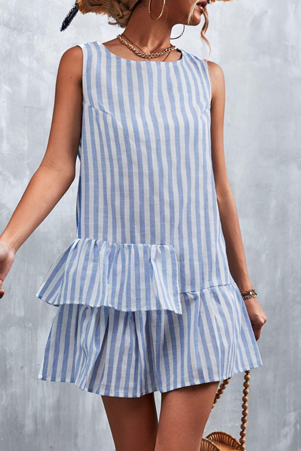 Striped Layered Sleeveless Round Neck Mini Dress - Dresses