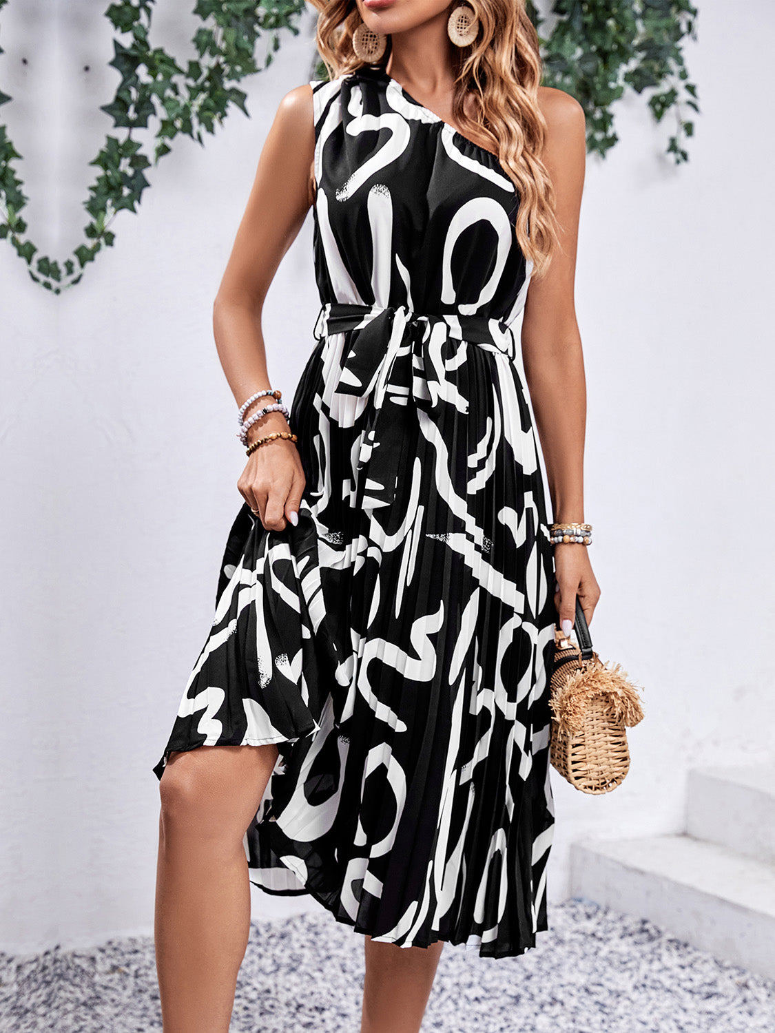 Printed One Shoulder Tie Waist Midi Dress