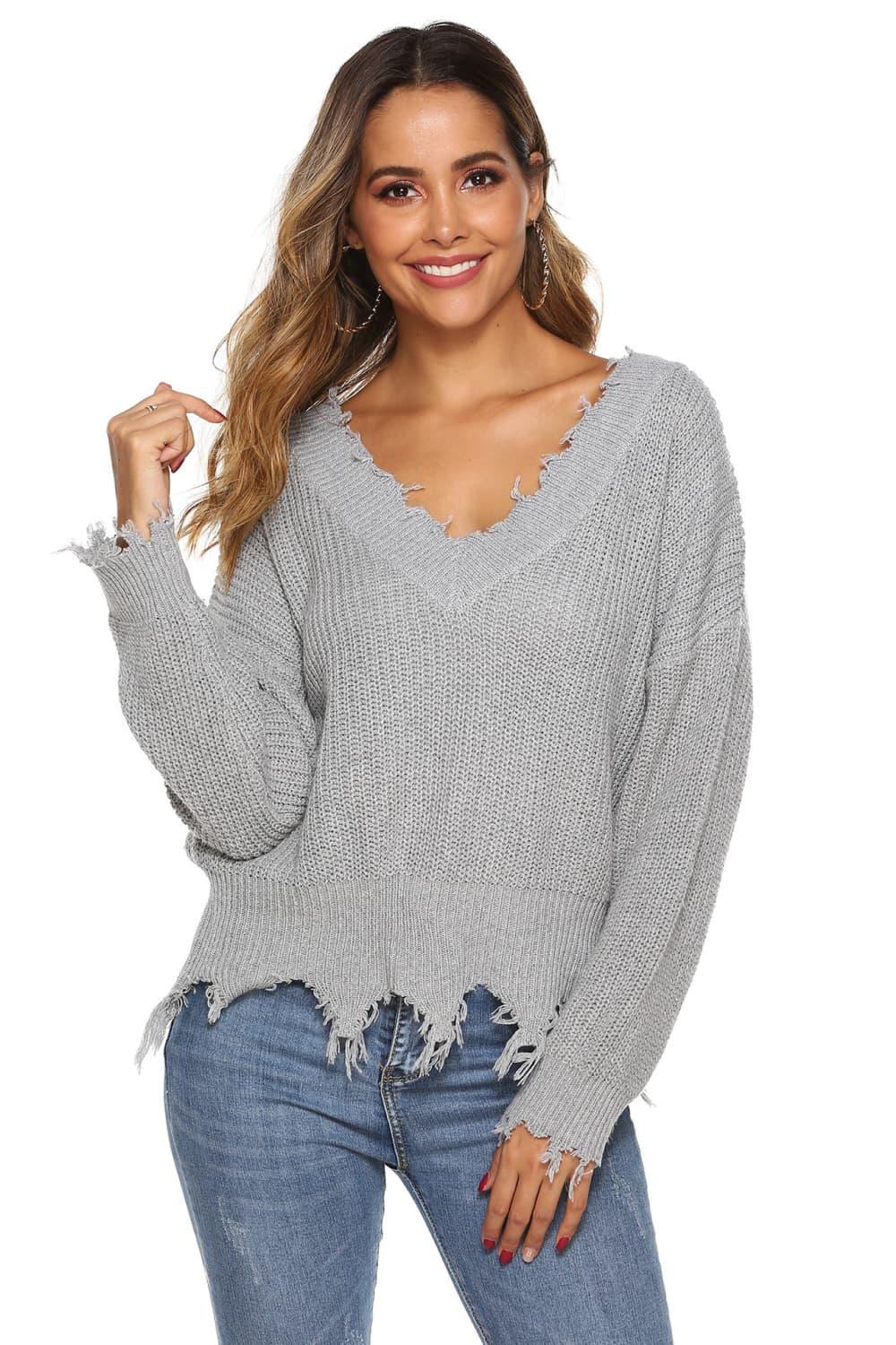 Off-Shoulder Ribbed Long Sleeve Raw Hem Sweater - Sweater