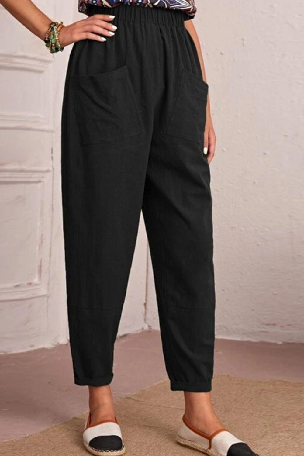 Cropped Elastic High Waist Pocket Tapered Pants - Pant