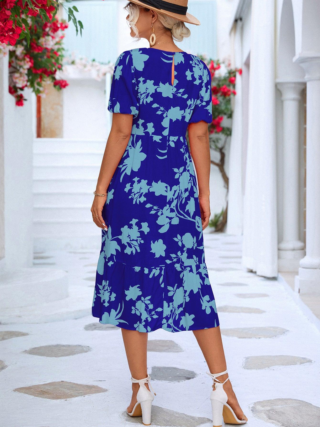 Floral Puff Sleeve Ruffle Hem Round Neck Midi Dress - Dresses