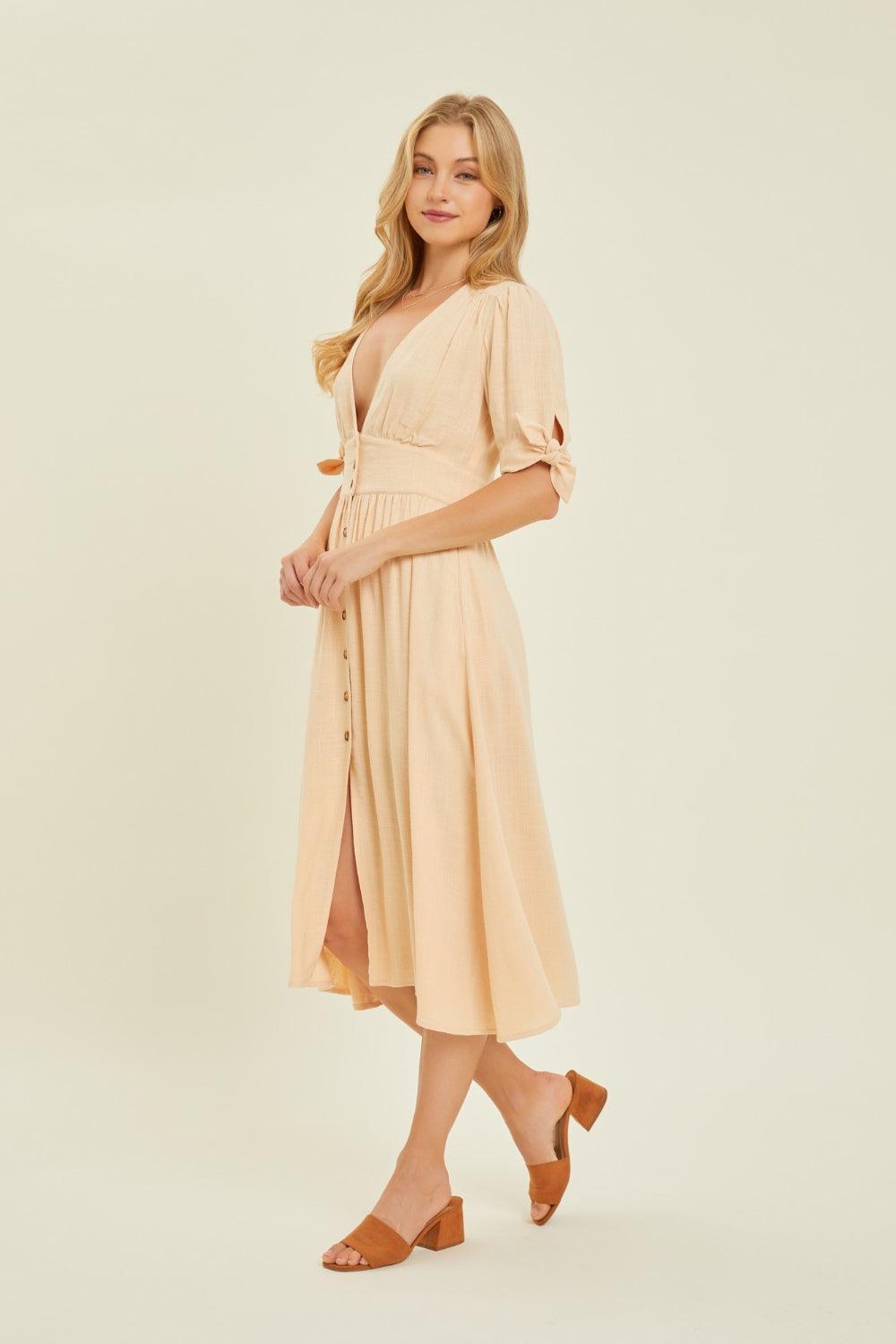 HEYSON Textured Linen V-Neck Button-Down Midi Dress - Dresses