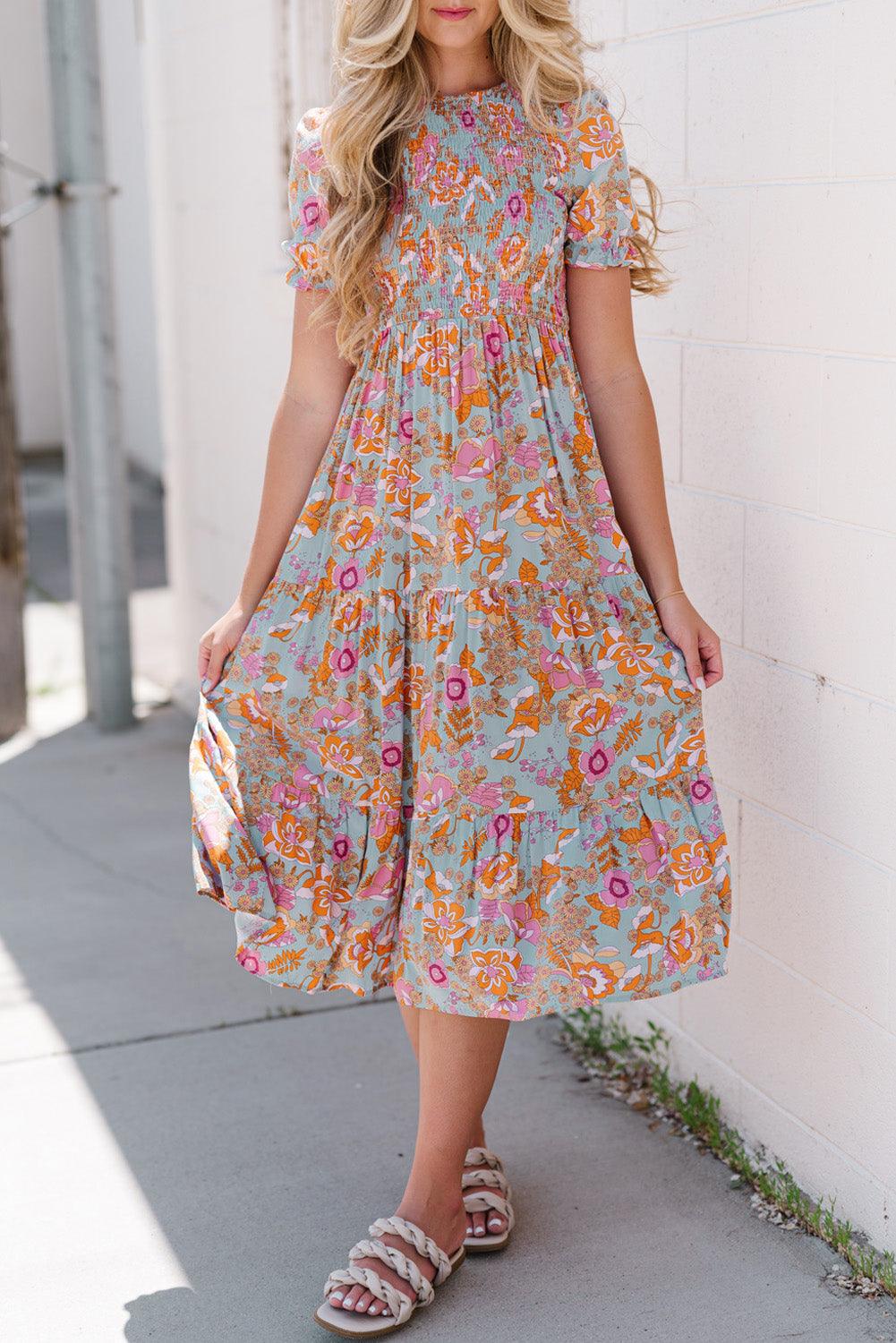 Floral Flounce Sleeve Smocked Midi Dress - Dresses