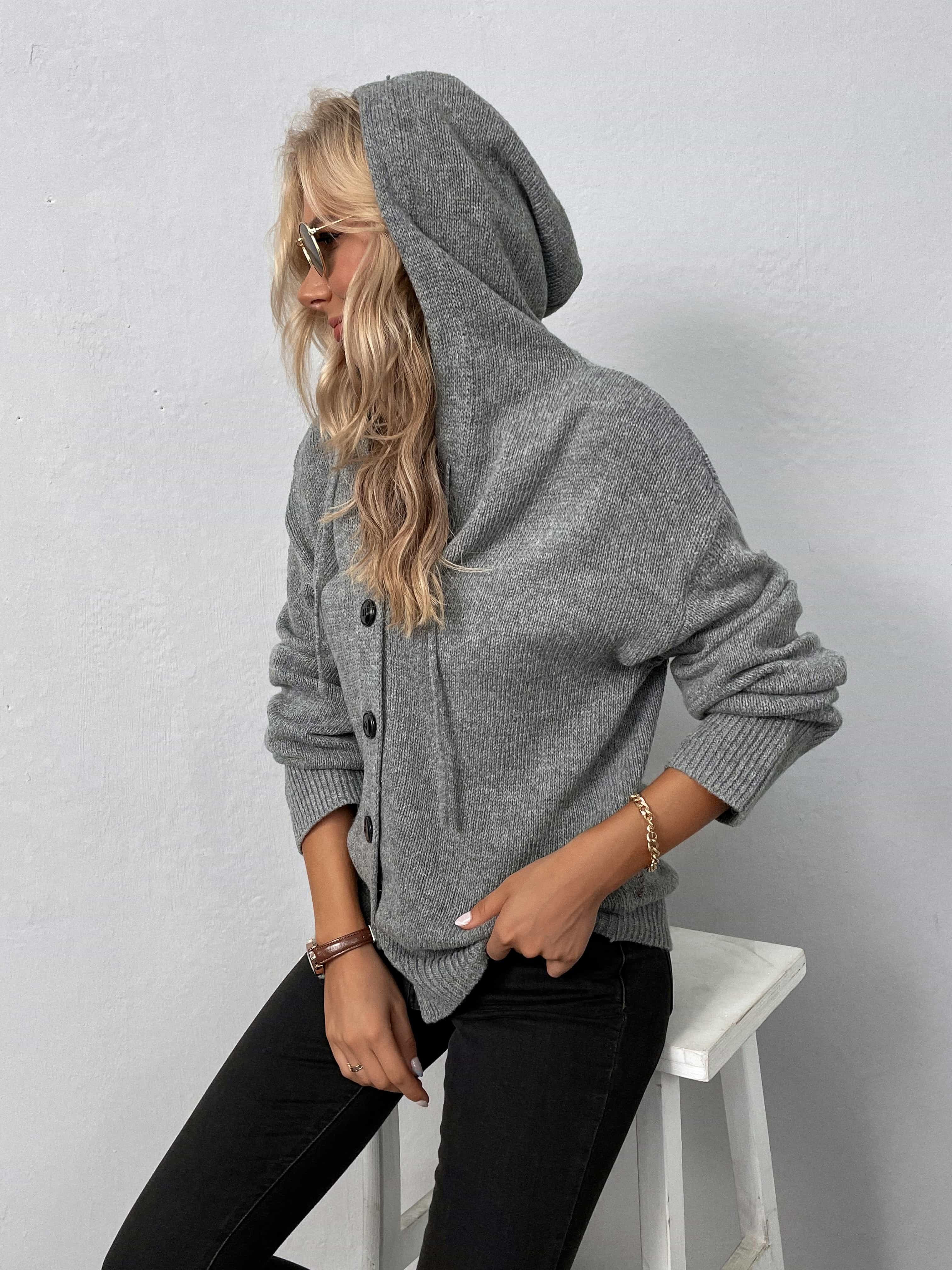 Button-Down Drawstring Long Sleeve Hooded Sweater - Sweater