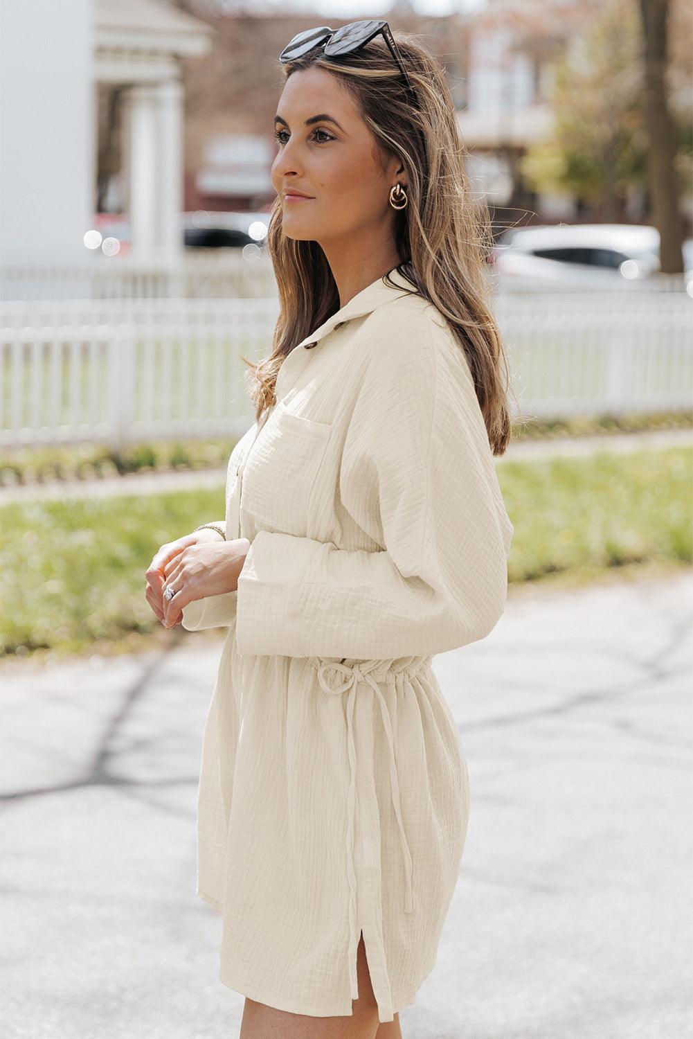 Button-Up Long Sleeve Collared Neck Mini Dress - Dresses