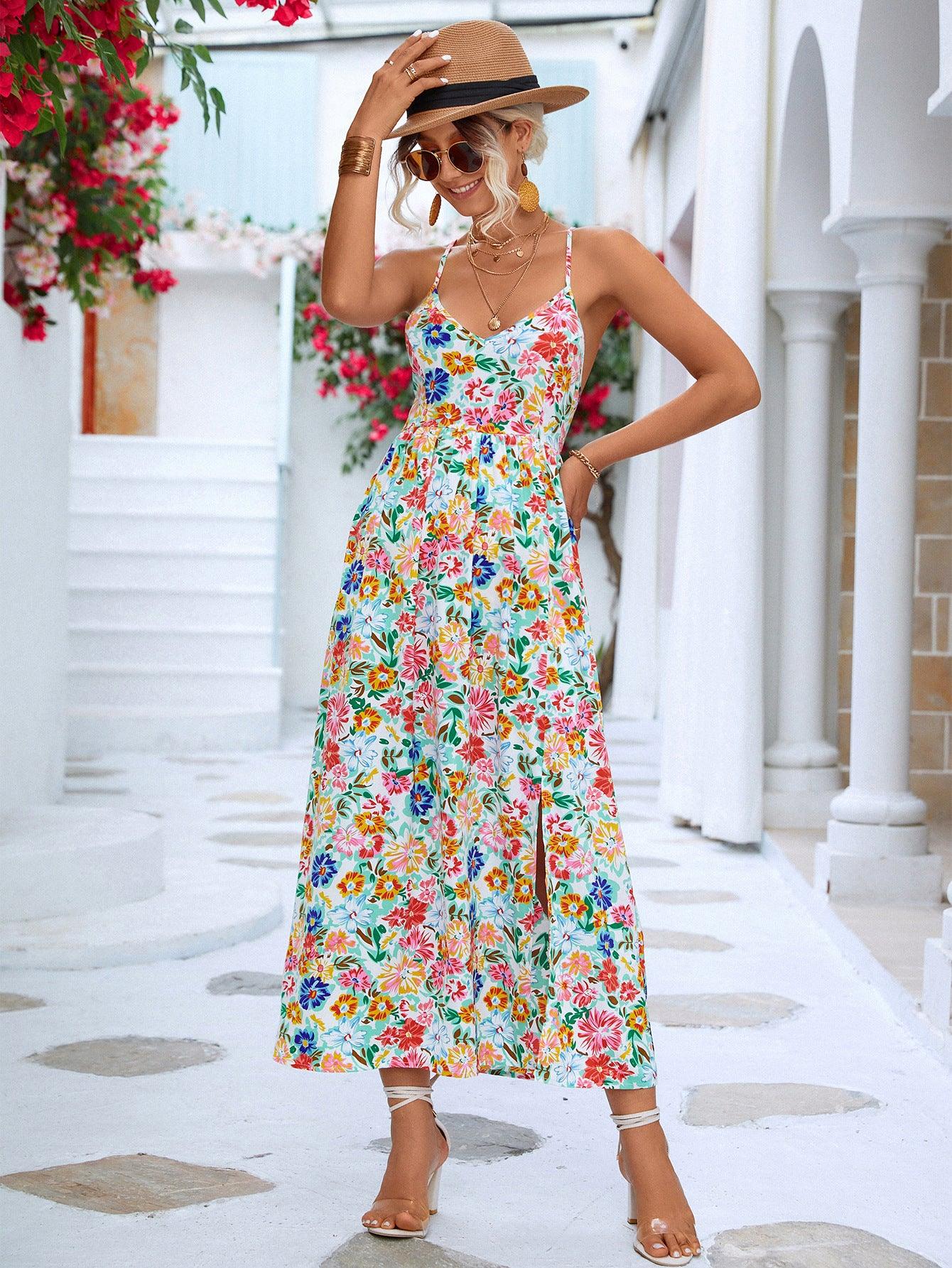 Floral Crisscross Backless V-Neck Split Maxi Dress - Dresses