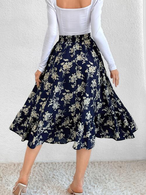 Floral Ruffle Hem Midi Skirt