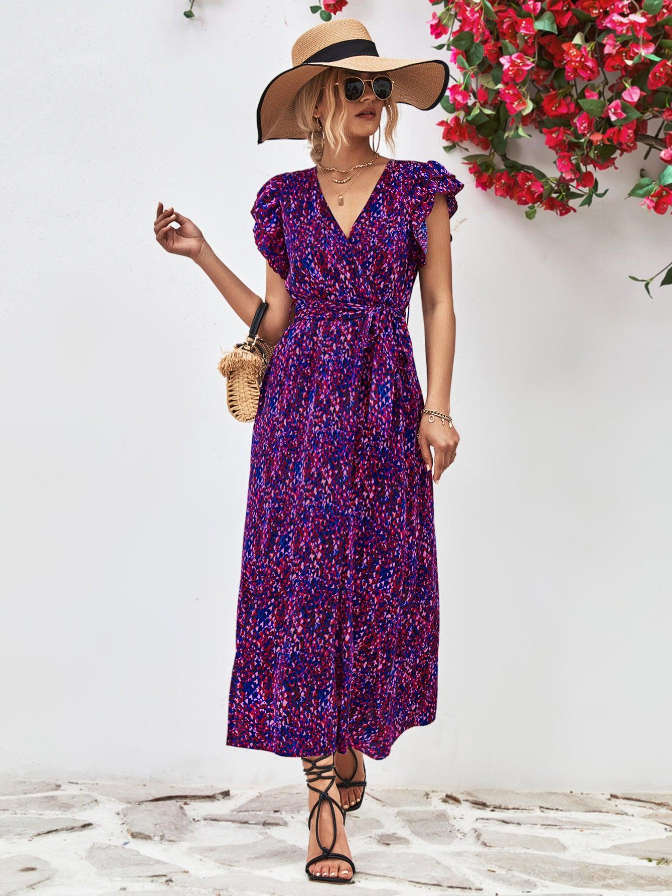 Printed Surplice V-Neck Flutter Sleeves Slit Midi Dress - Dresses