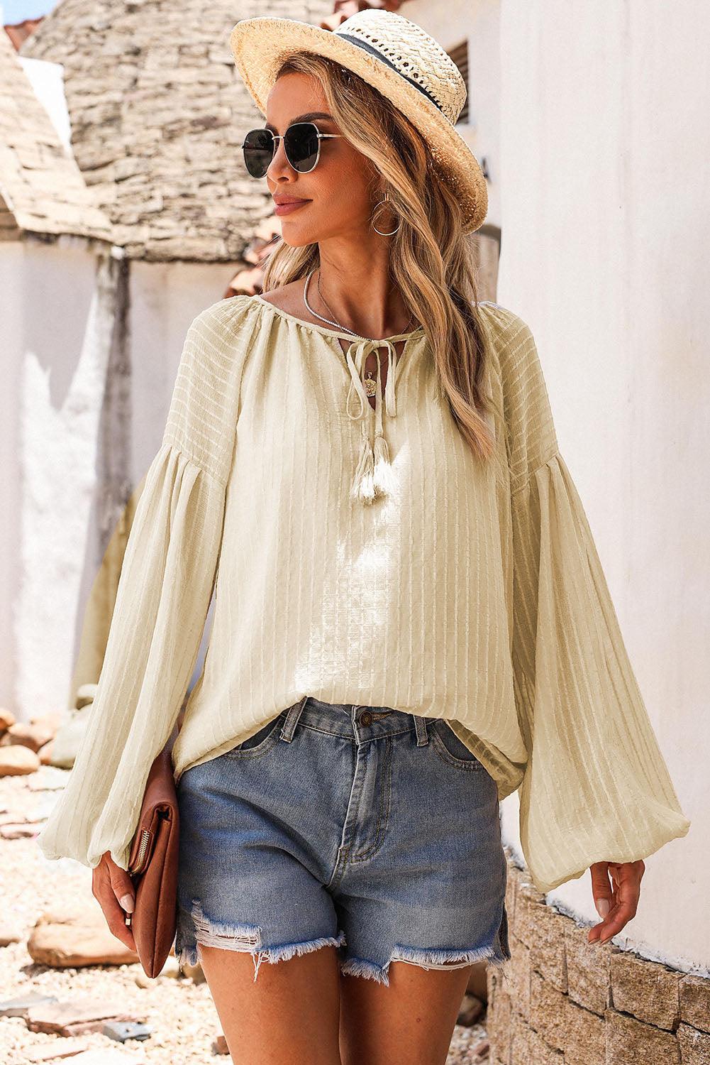 Tie Neck Dropped Shoulder Long sleeve Top - Top