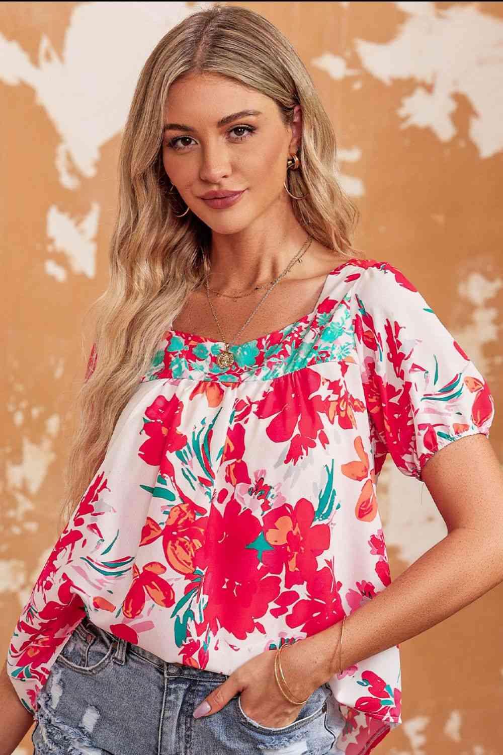 Floral Tie Back Square Neck Blouse - Blouse