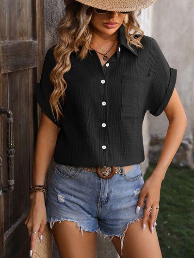 Textured Pocketed Button Up Shirt - Shirt