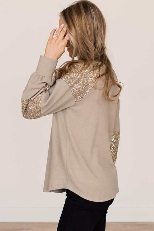 Sequin Round Neck Long Sleeve Top - Top