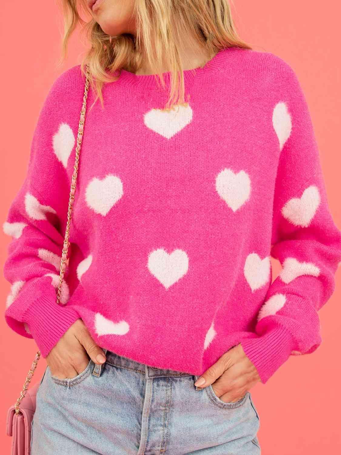 Heart Round Neck Drop Shoulder Sweater - Sweater