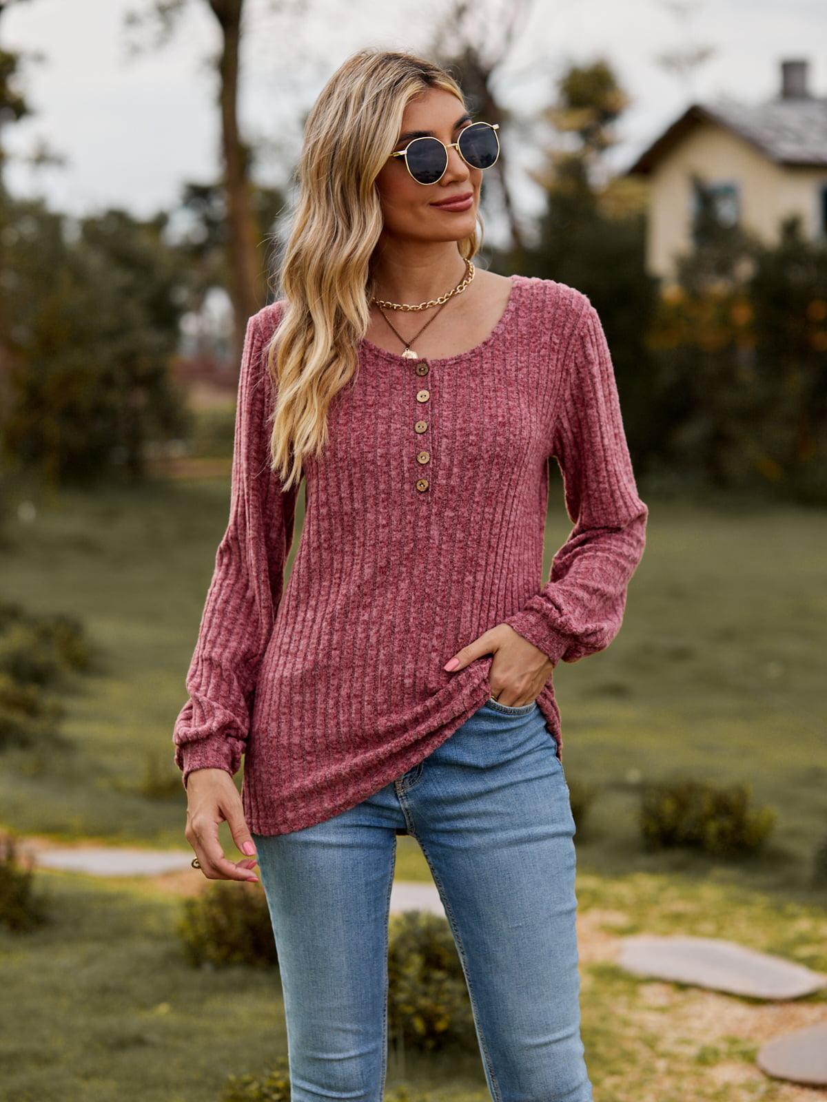 Scoop Neck Button-Down Long Sleeve Top - Top