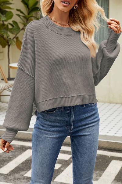 Round Neck Dropped Shoulder Crop Sweater - Sweater