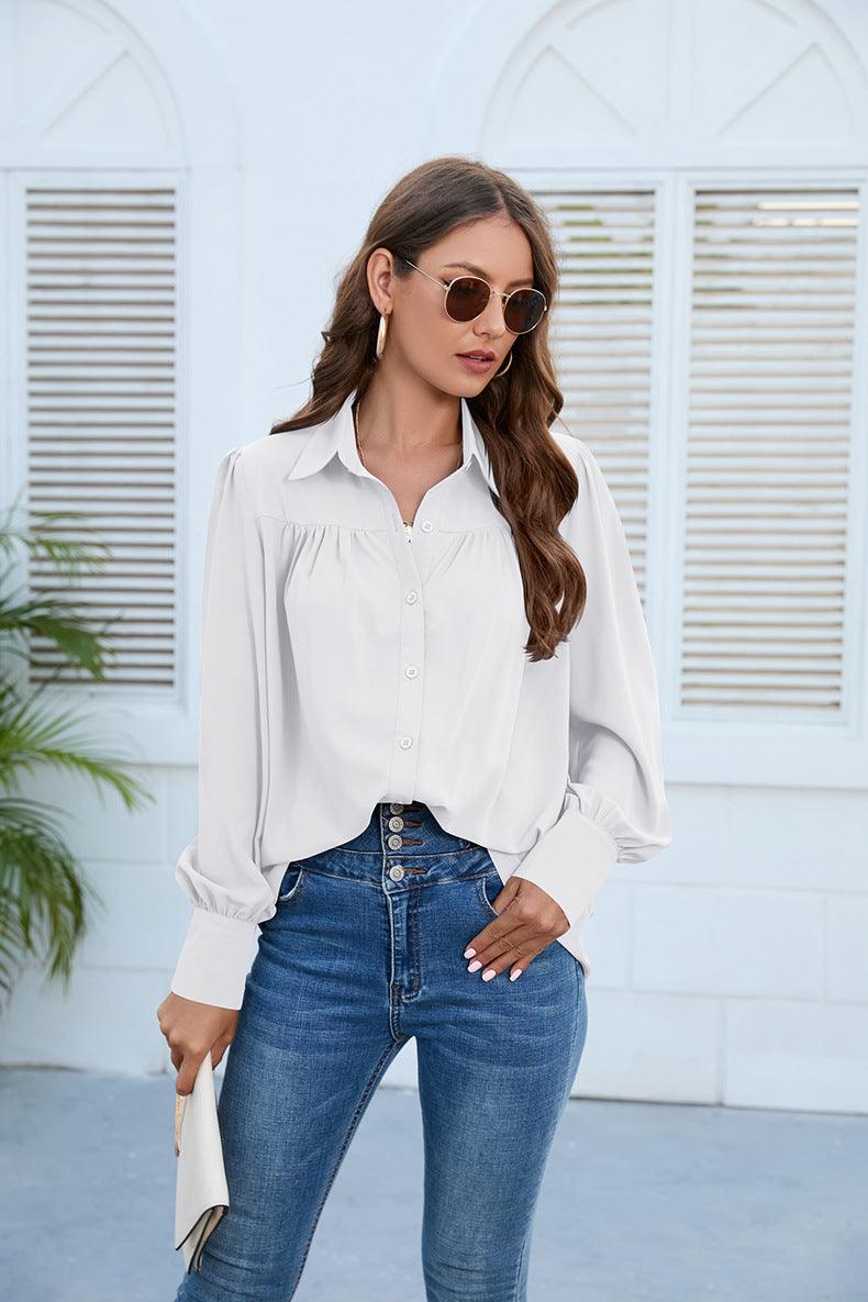 Puff Long Sleeve Collared Neck Ruched Shirt - Shirt