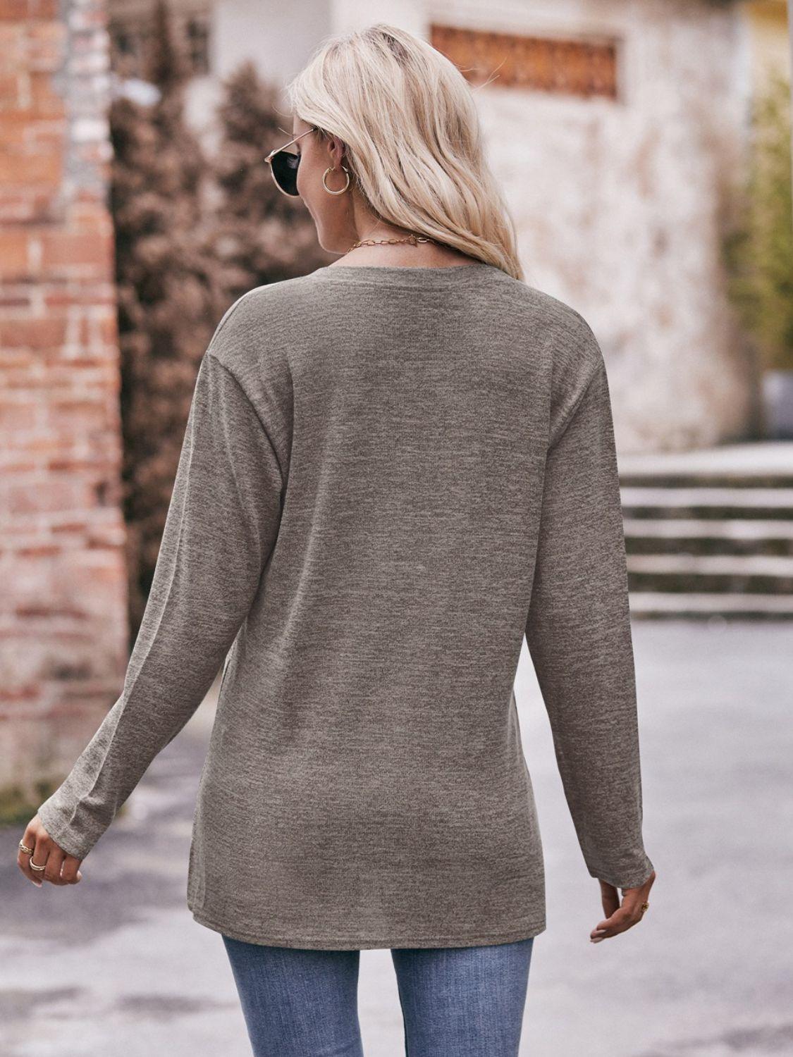 Double Take Buttoned Notched Neck Long Sleeve Top - Top