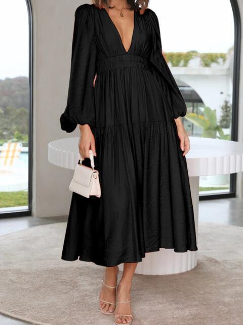 Deep V-Neck Balloon Sleeve Maxi Dress - Dresses