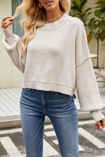 Round Neck Dropped Shoulder Crop Sweater - Sweater