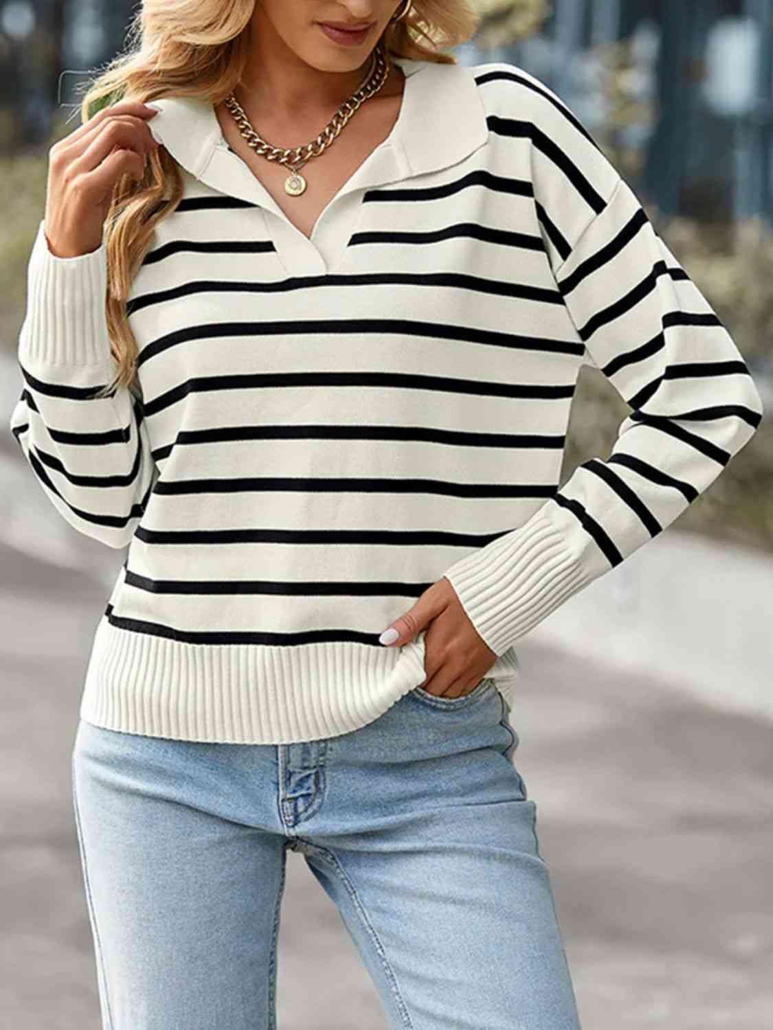 Striped Collared Neck Knit Top - Top