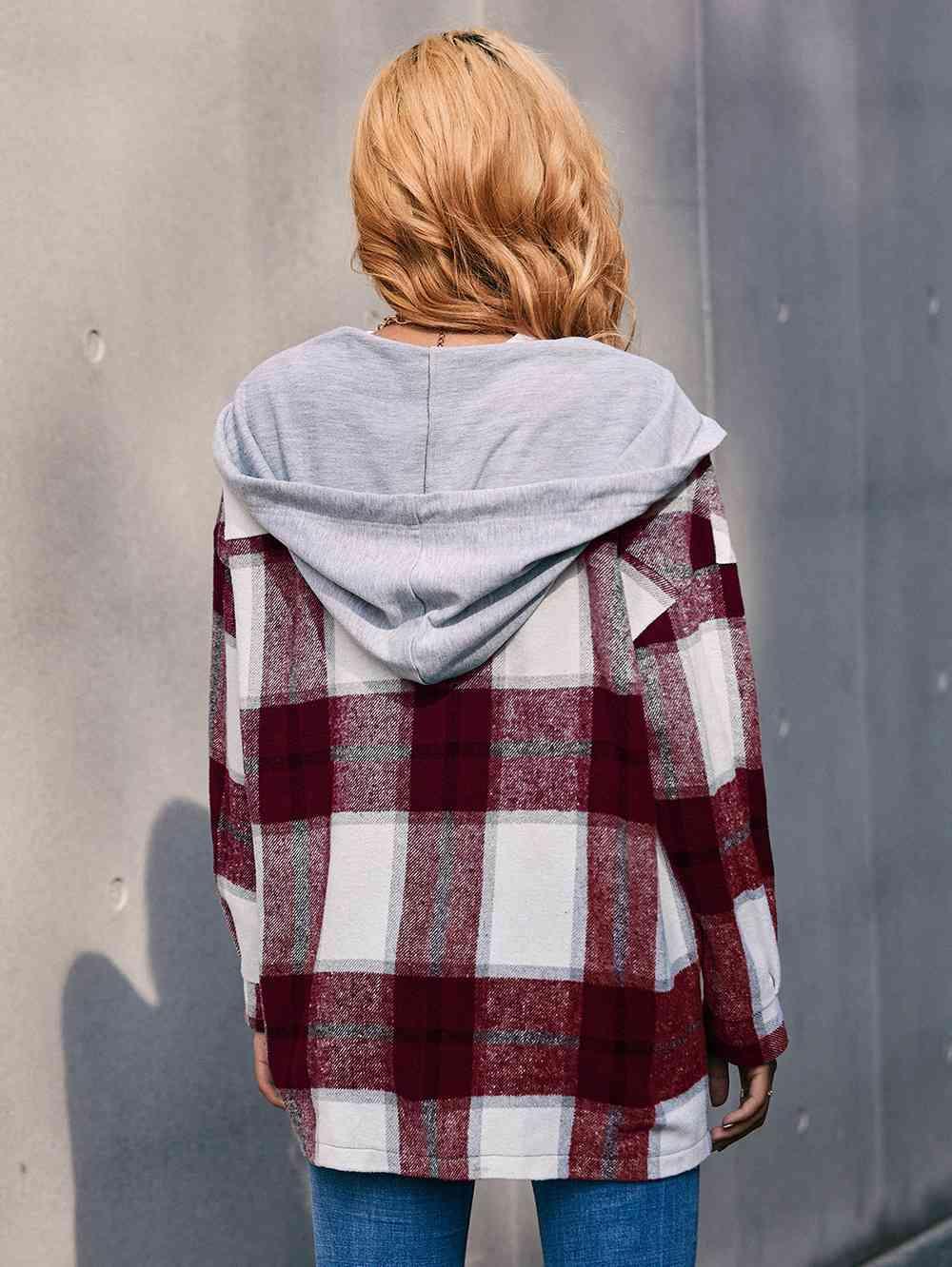 Plaid Dropped Shoulder Hooded Shacket - Jacket