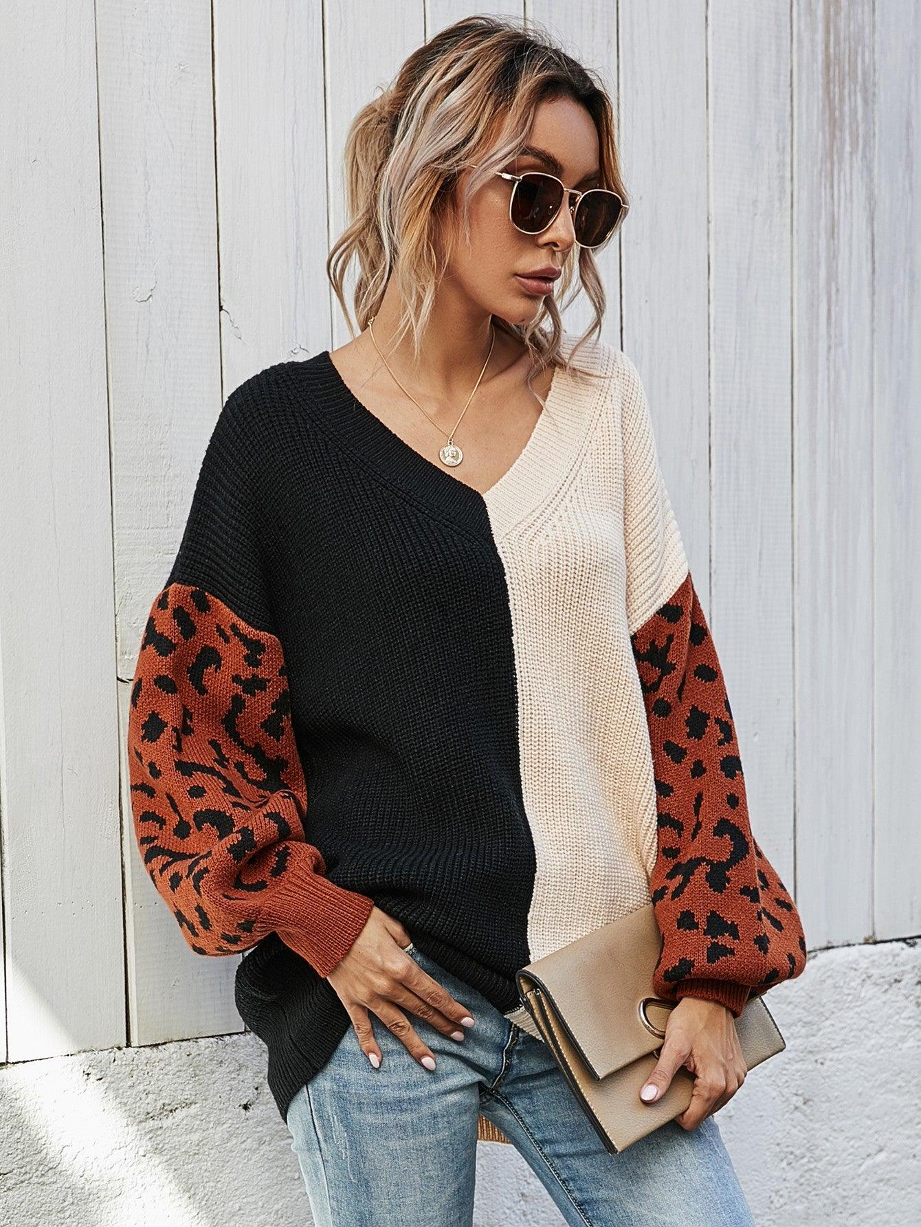 Woven Right Leopard Color Block V-Neck Tunic Sweater - Sweater