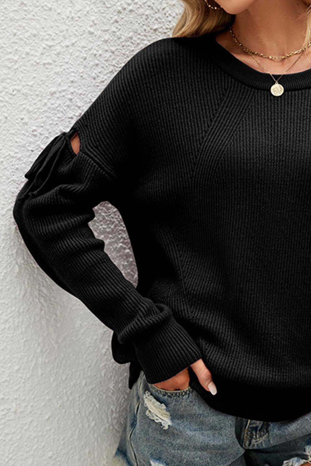 Round Neck Tied Sleeves Ribbed Sweater - Sweater