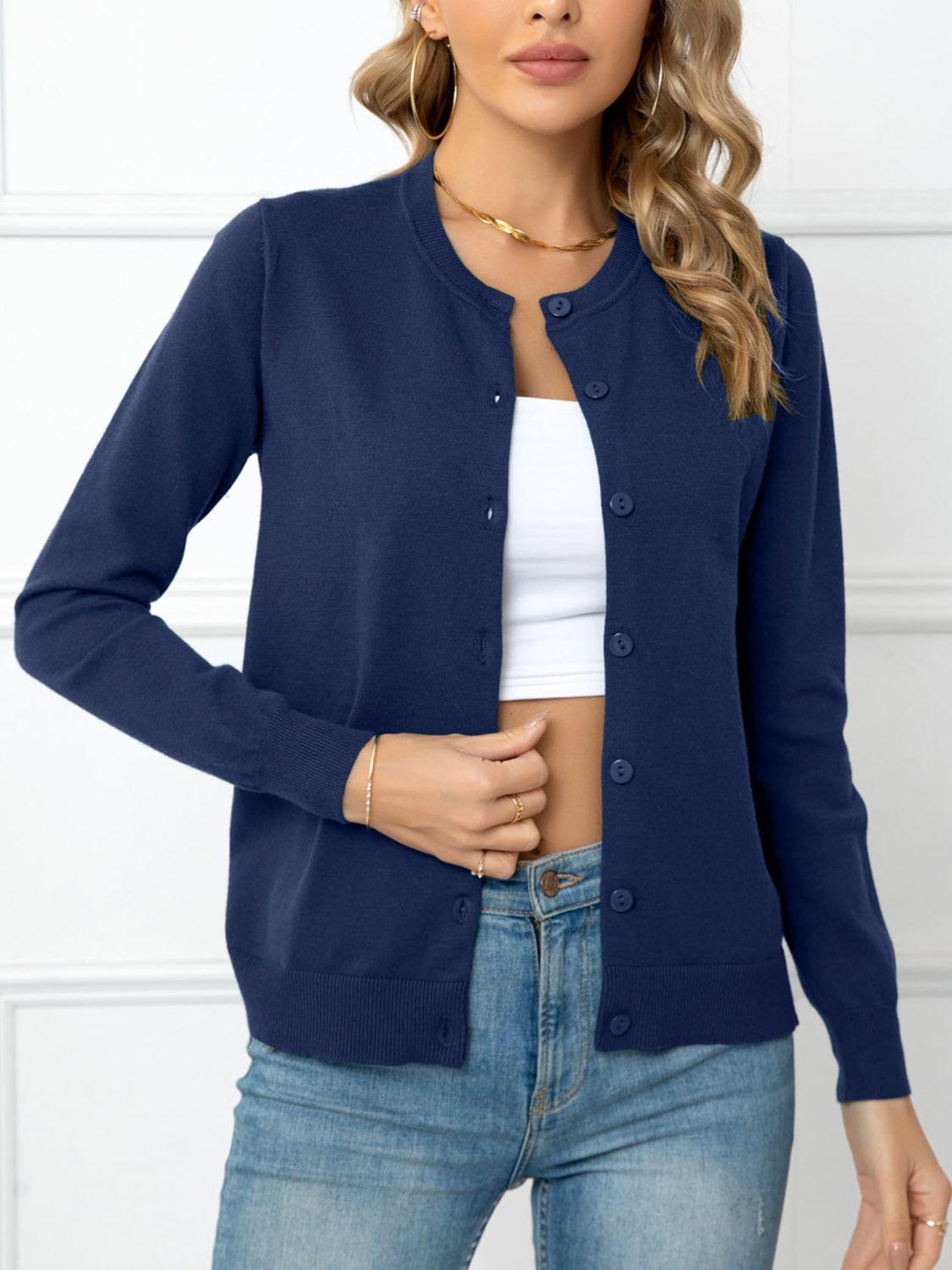 Button Down Round Neck Cardigan - Cardigan