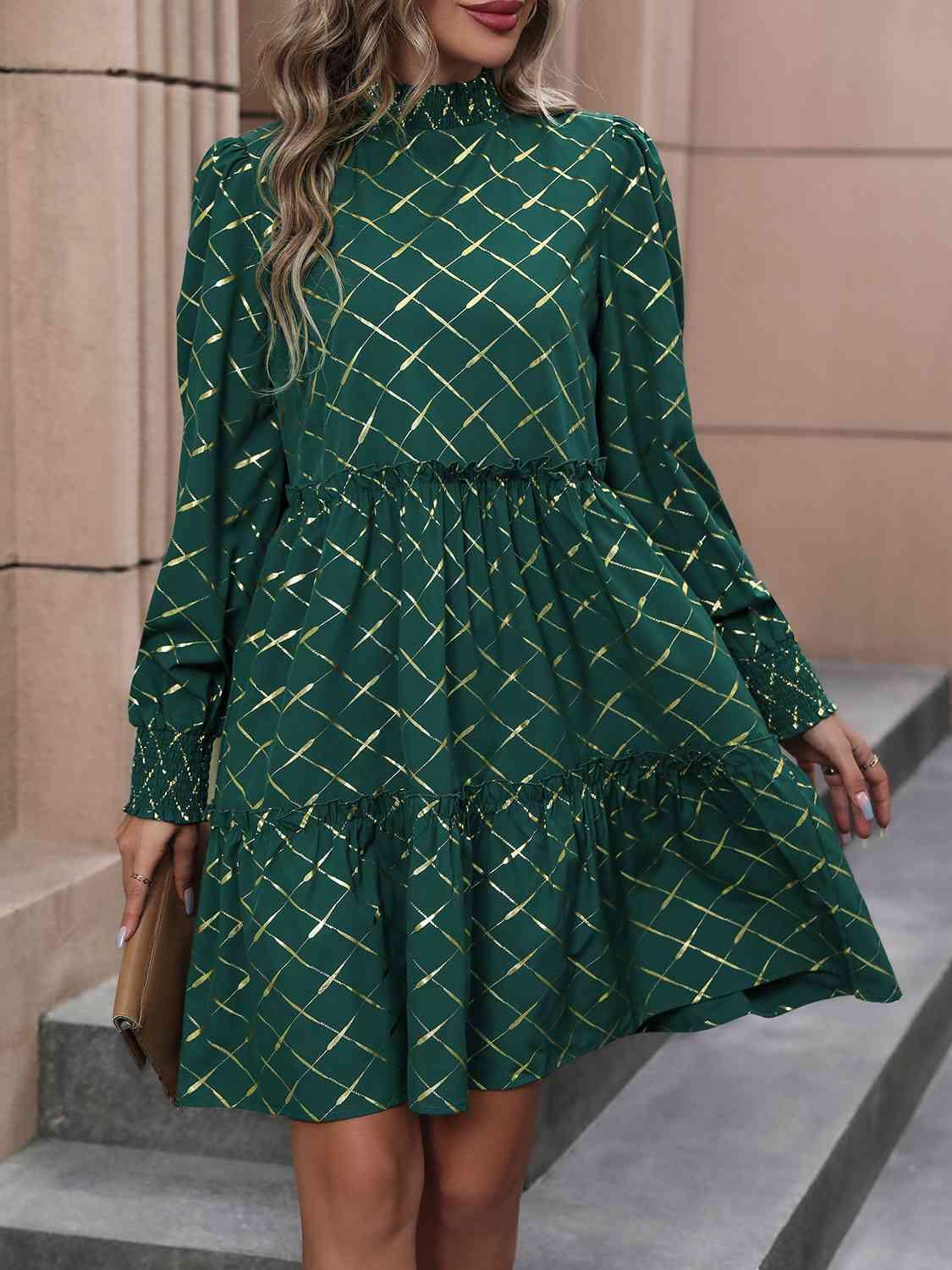 Mock Neck Frill Trim Long Sleeve Mini Dress - Dresses