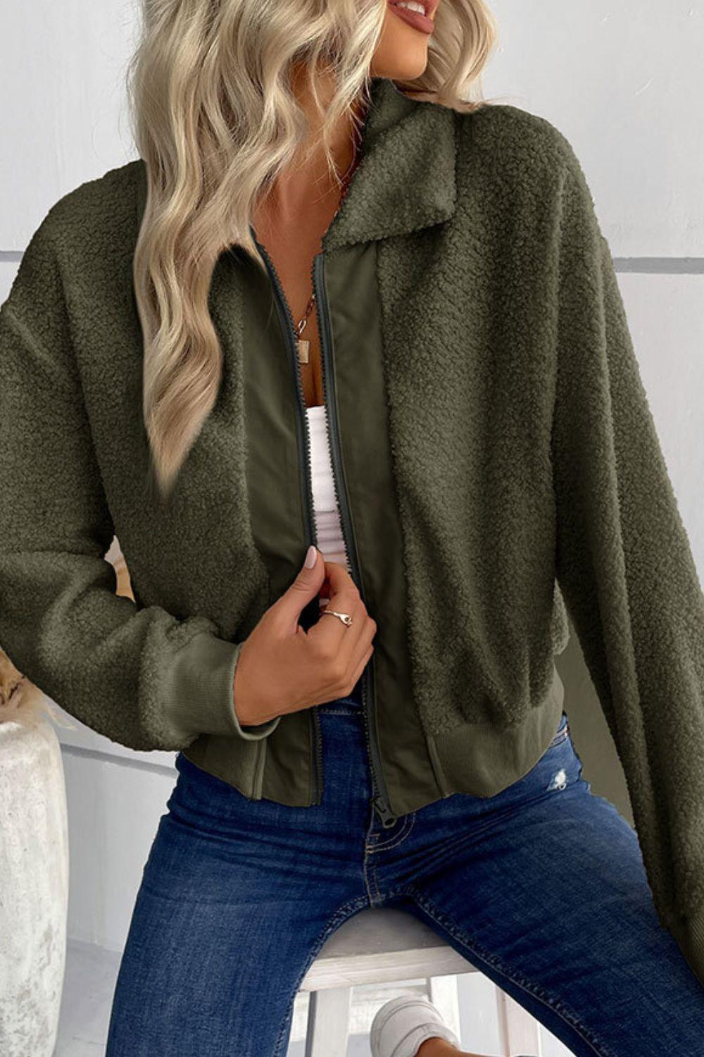 Collared Neck Zip-Up Cropped Sherpa Jacket - Jacket