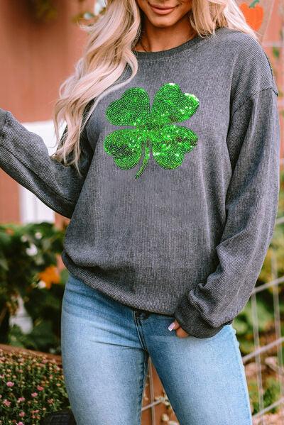 Lucky Clover Sequin Round Neck Sweatshirt - Sweatshirt