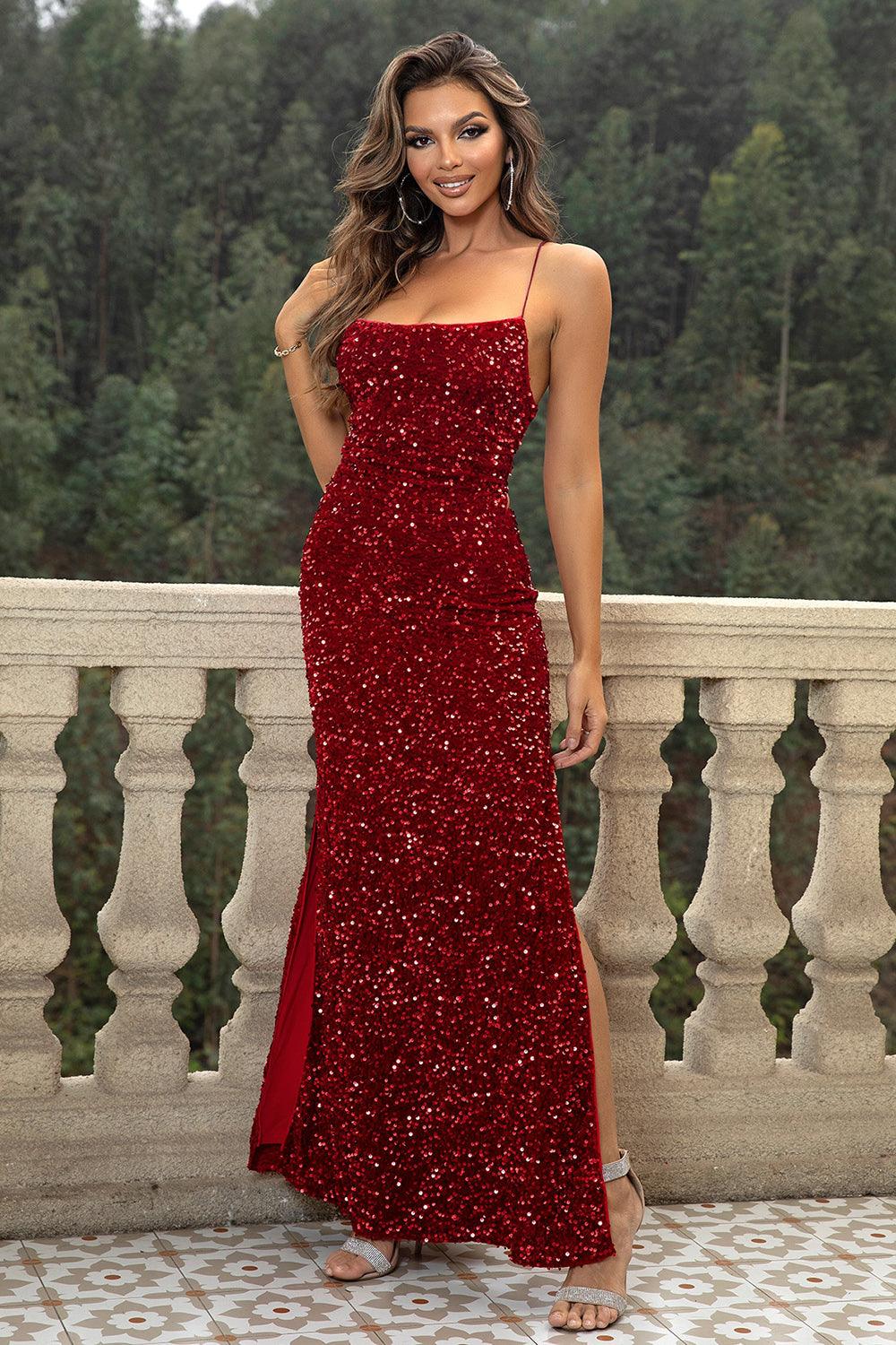 Sequin Backless Split Maxi Dress - Dresses