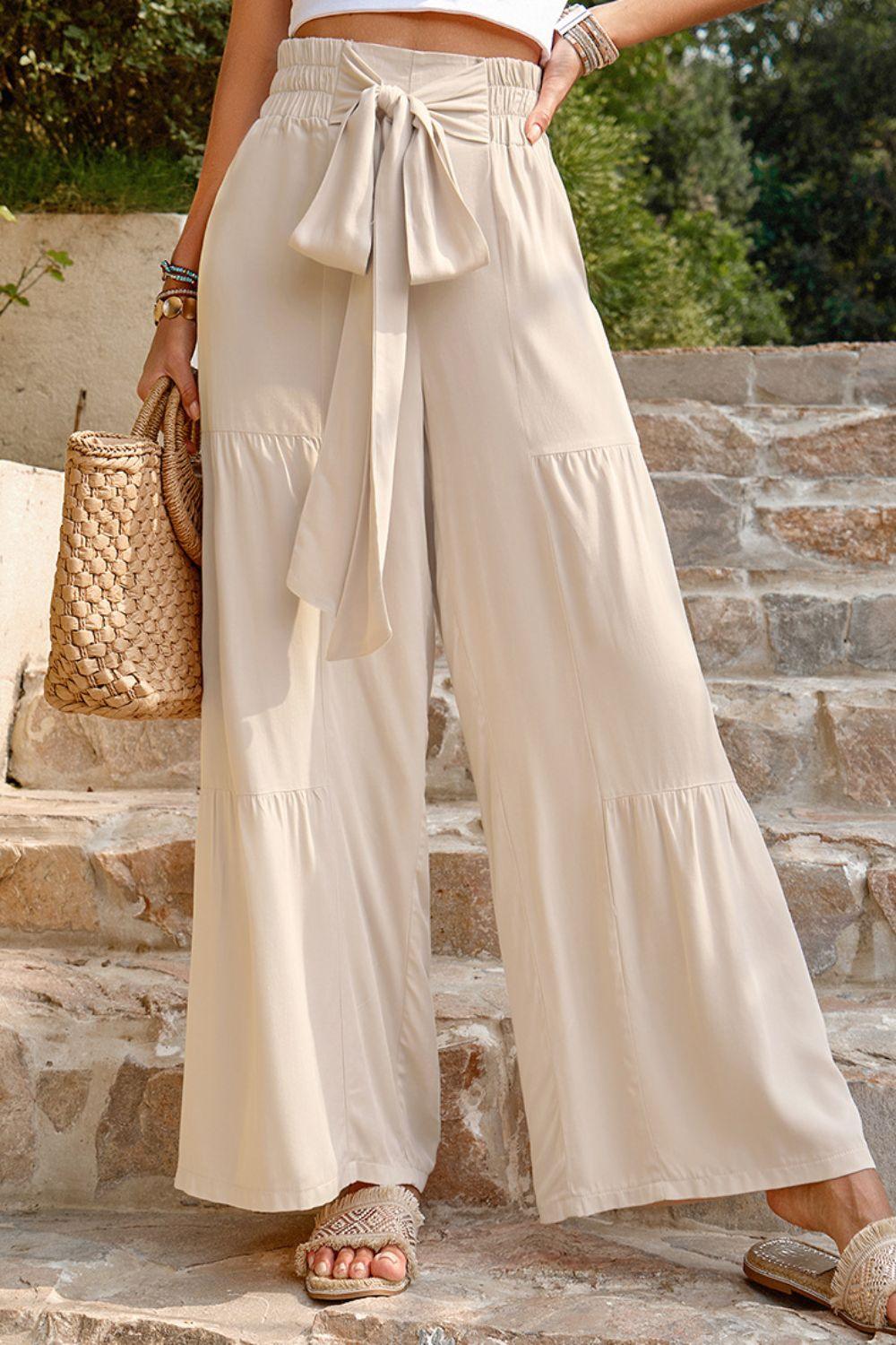 Paperbag Waist Tiered Wide Leg Pants - Pant