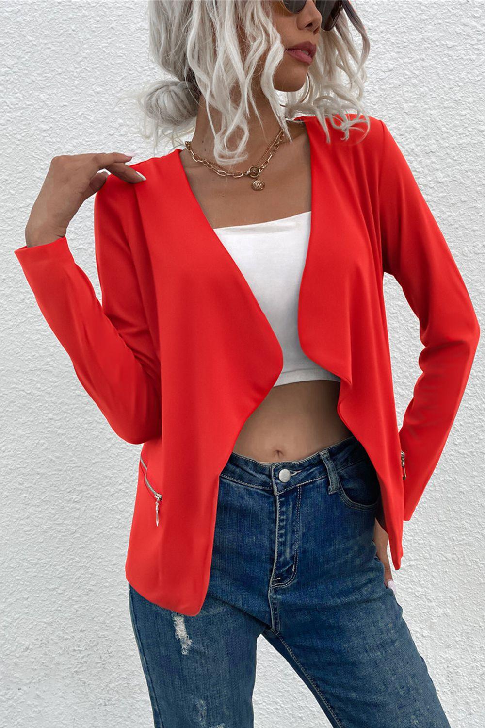 Open Front Zipper Pocket Cardigan - Cardigan