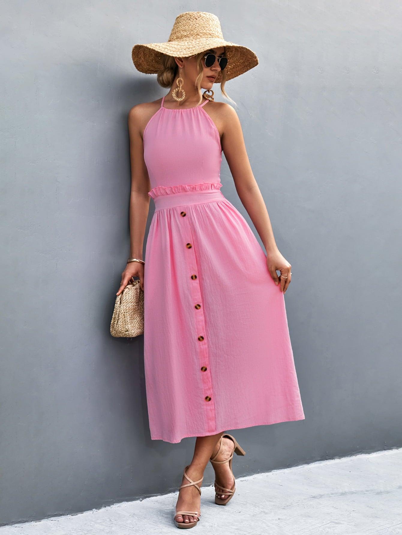 Buttoned Halter Neck Frill Trim Midi Dress - Dresses