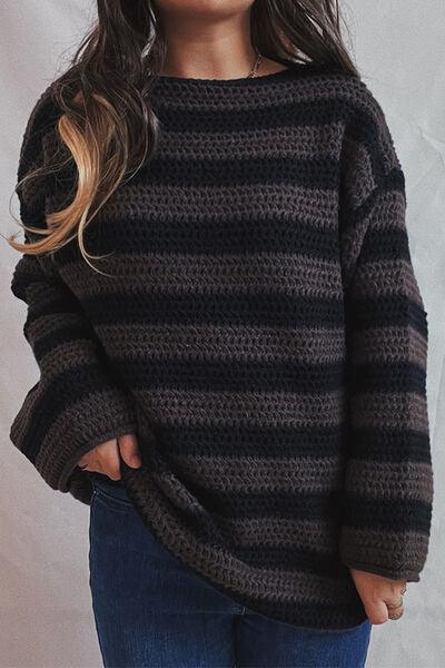 Striped Round Neck Dropped Shoulder Sweater - Sweater