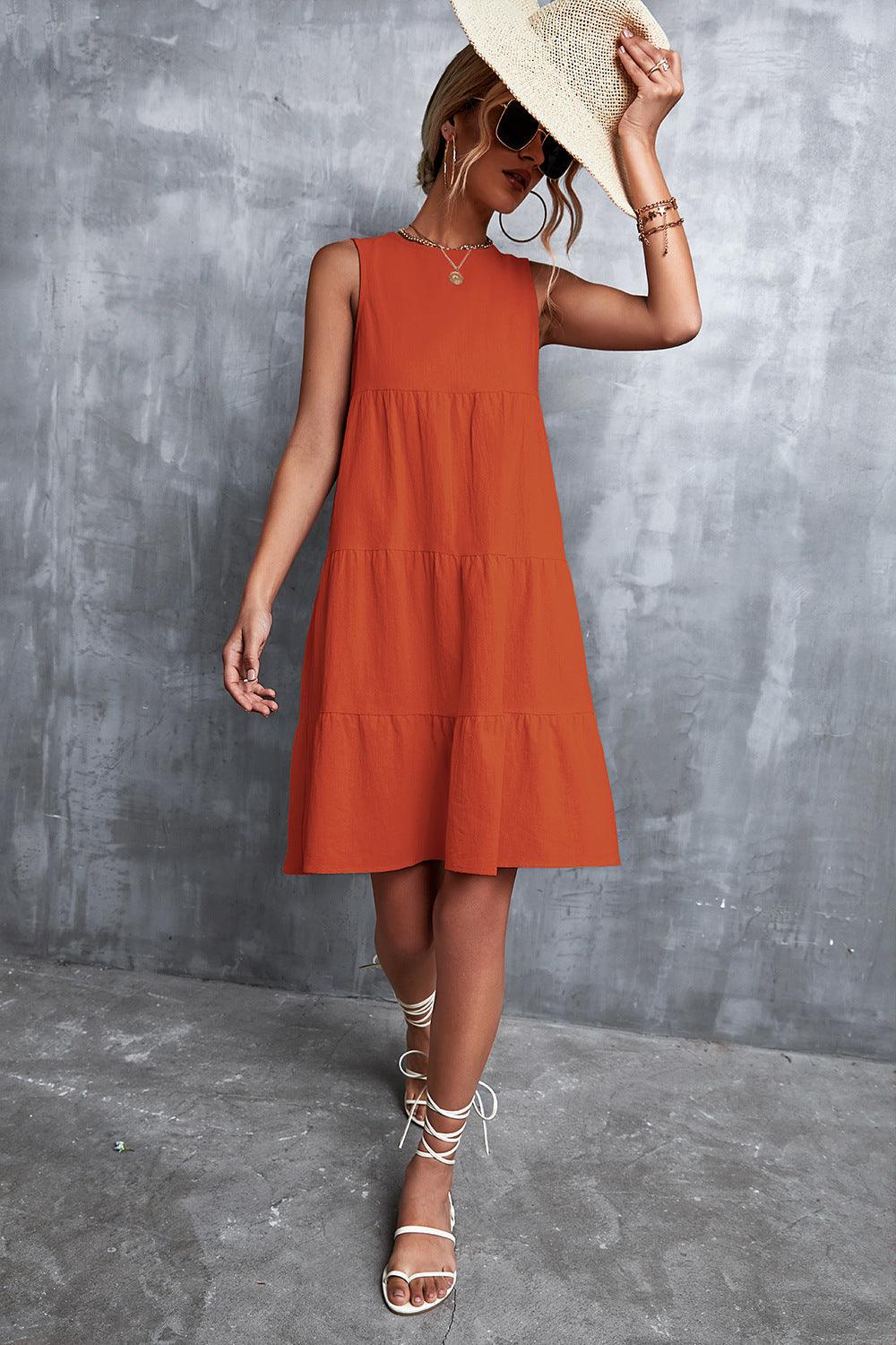 Sleeveless Round Neck Tiered Knee-Length Dress - Dresses