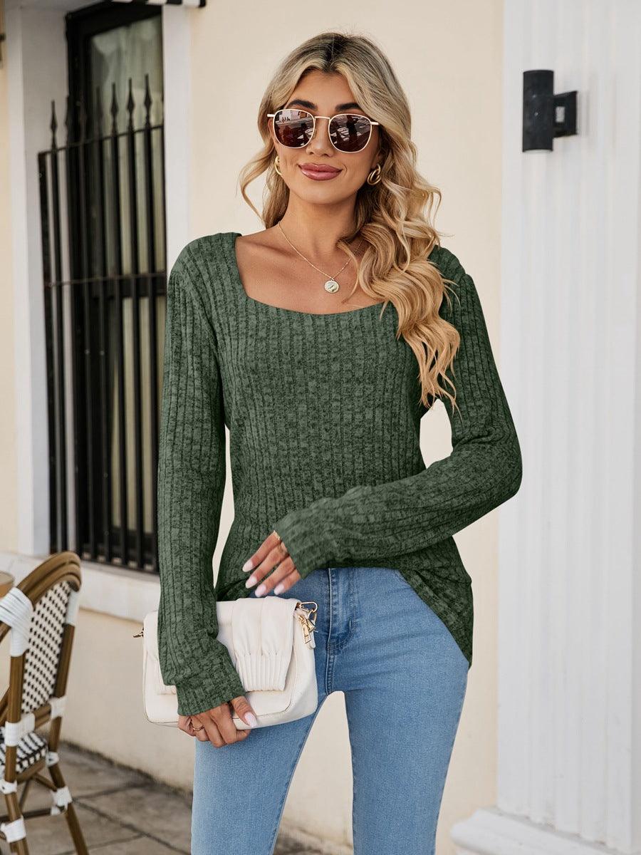 Square Neck Ribbed Long Sleeve Top - Top