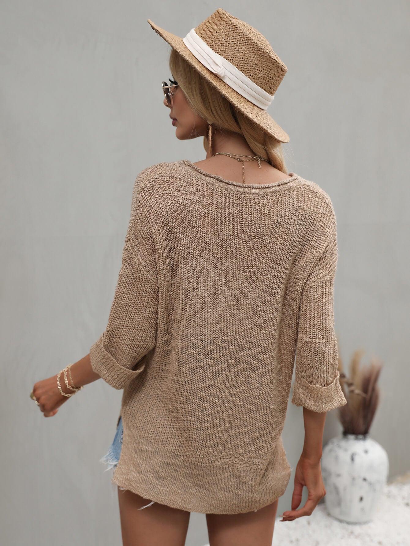 Notched 3/4 Sleeves Side Slit Drop Shoulder Sweater - Sweater