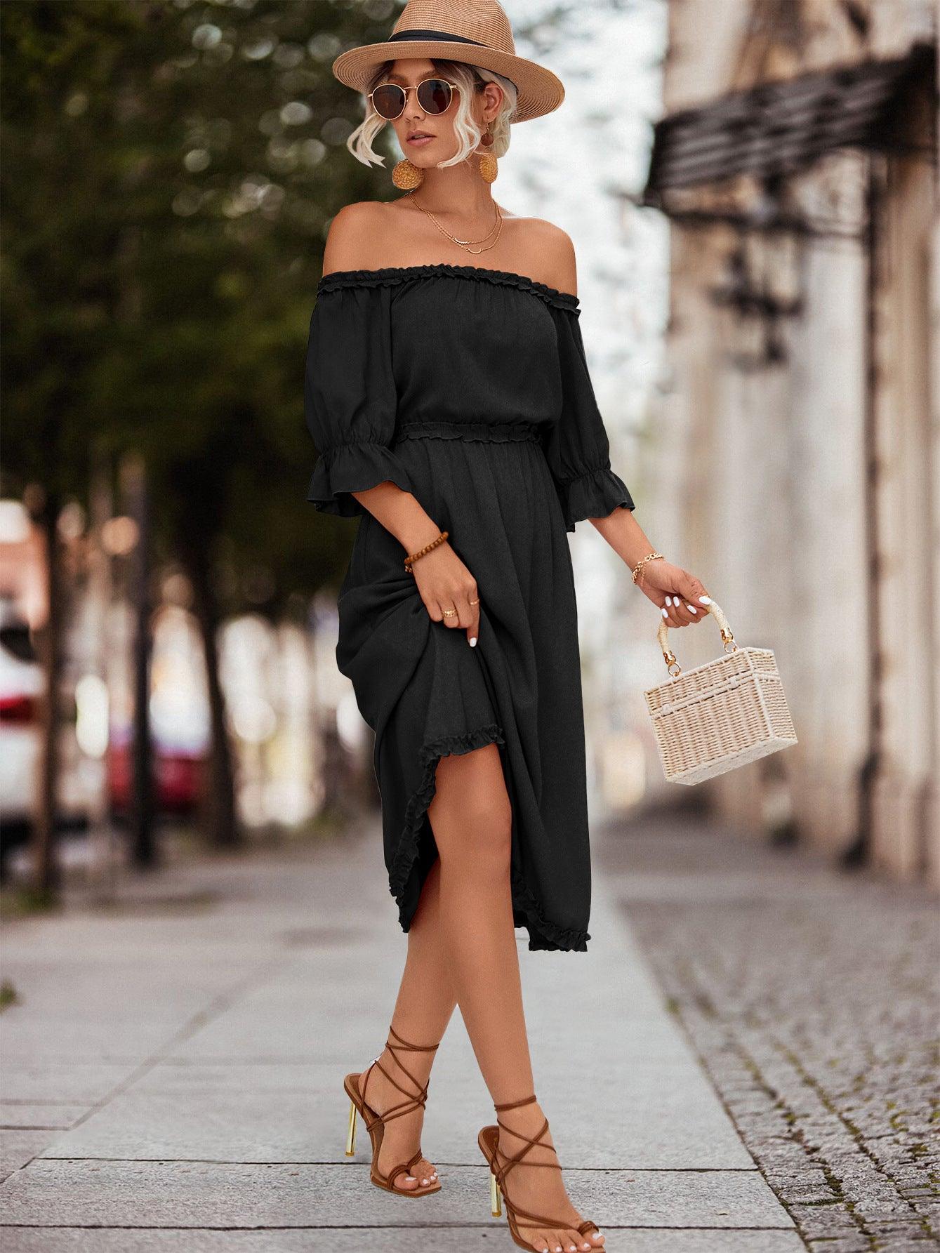 Frilled Off-Shoulder Flounce Sleeve Midi Dress - Dresses