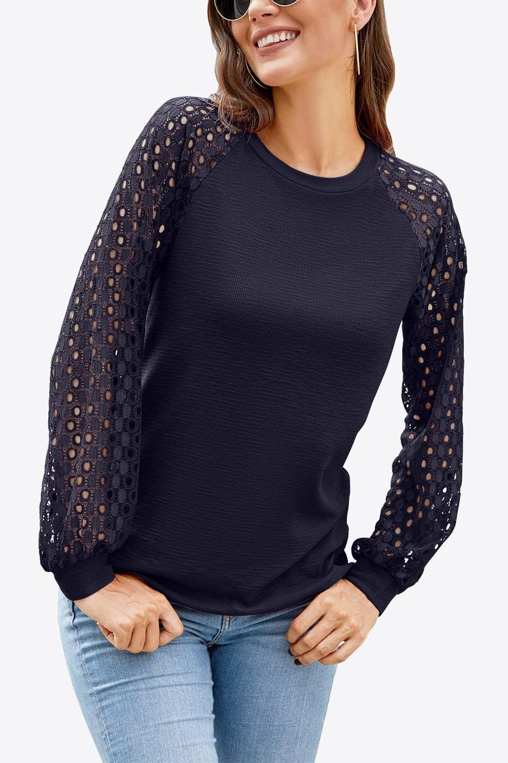 Eyelet Long Raglan Sleeve Round Neck Tee - Top