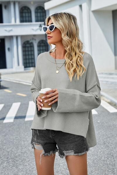 High-Low Slit Round Neck Sweater - Sweater