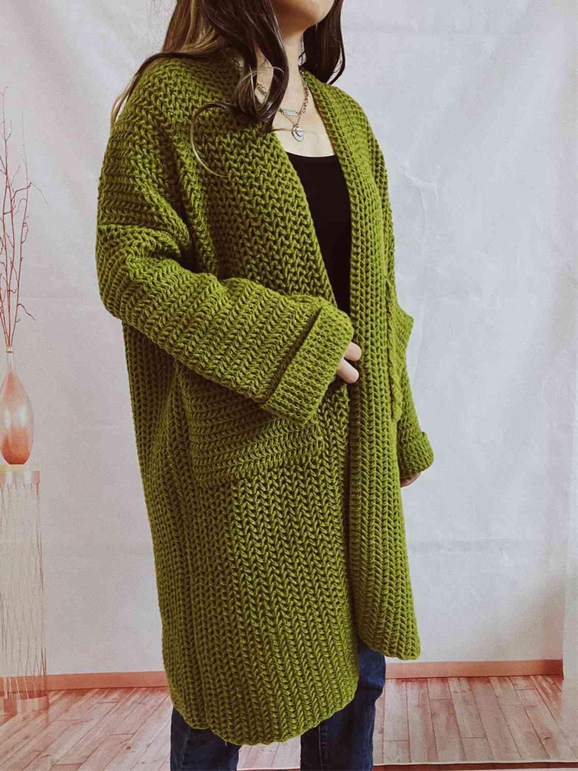 Open Front Long Sleeve Cardigan with Pockets - Cardigan