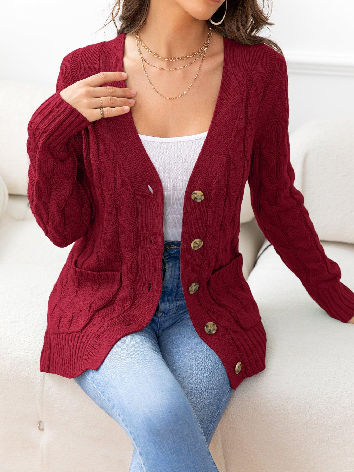 Button Down Cable-Knit Cardigan - Cardigan