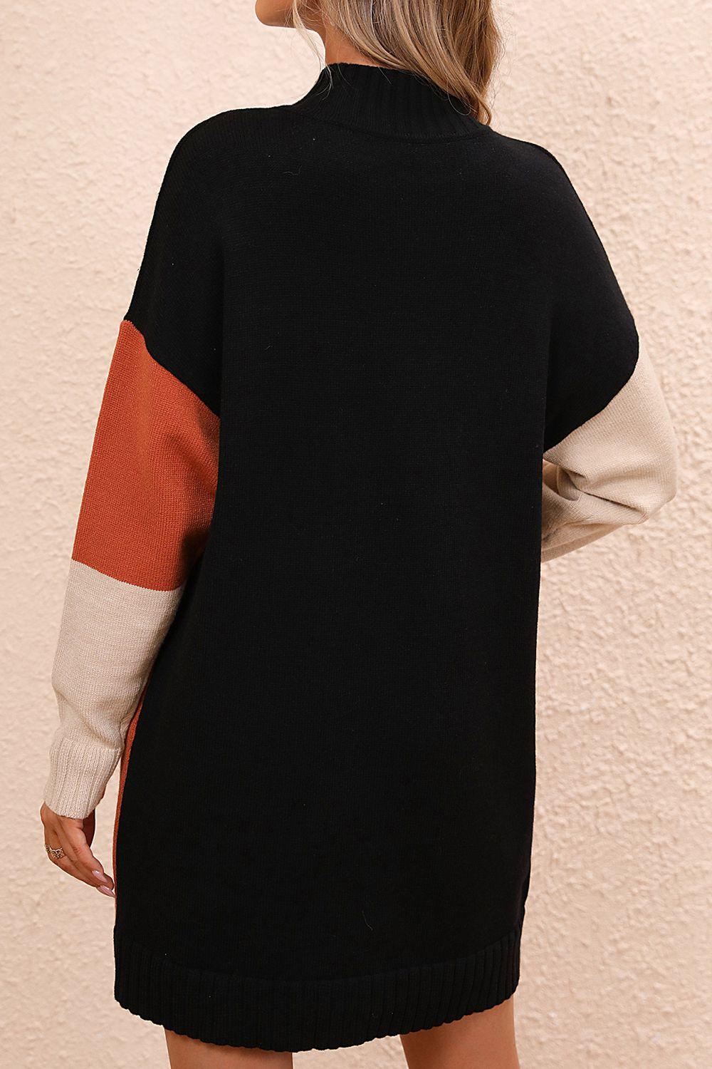 Color Block Mock Neck Dropped Shoulder Mini Sweater Dress - Dresses